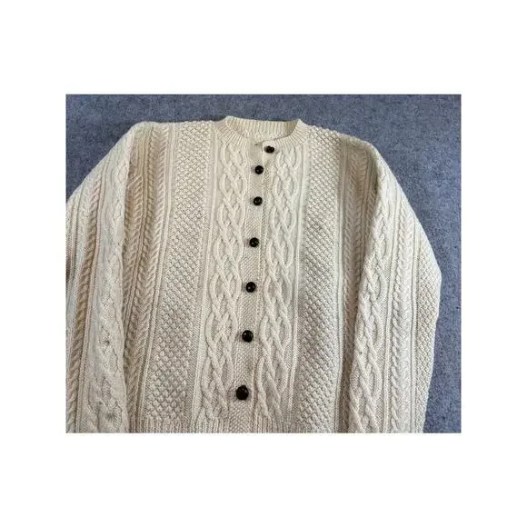 VINTAGE 70s Irish Cardigan Sweater Womens Large Cream Cable Knit Wool Fisherman - Picture 4 of 4